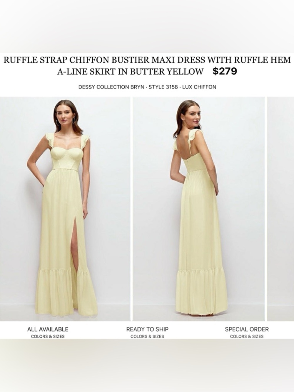 Dessy Collection Bryn Strap Chiffon Bustier Maxi Dress in Butter Yellow
